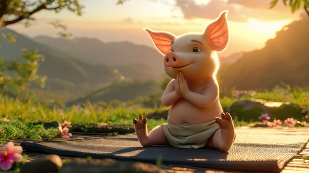 A little pig in a yoga, Adorable pig doing yoga with nature sunset background.