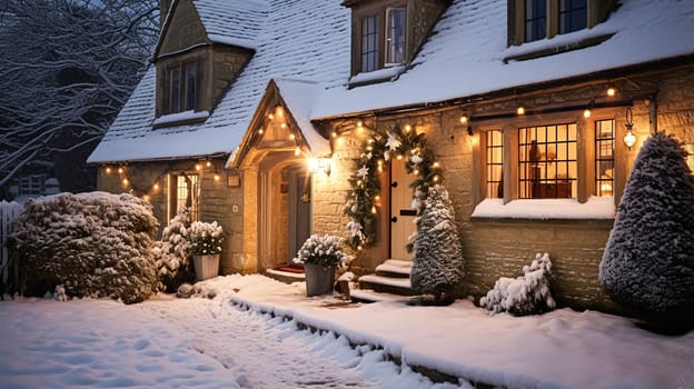 Christmas in the countryside, cottage and garden decorated for holidays on a snowy winter evening with snow and holiday lights, English country styling inspiration