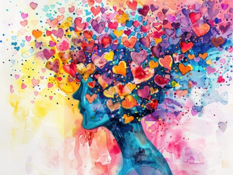 Colorful hearts adorned woman's head watercolor painting beauty art love inspirational creative spirit fashion trendy hair style design