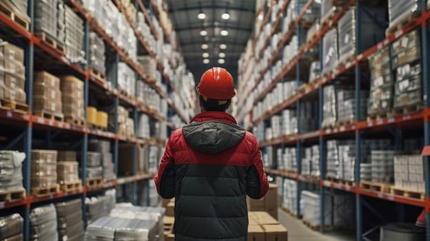 An employee in a large warehouse environment, efficiently managing inventory with a tablet.
