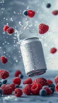 Splash of water with a soda can and berries in motion, dynamic composition. Refreshing beverage advertisement concept.