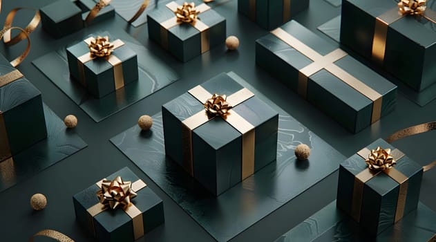 An elegant display of black gift boxes adorned with gold bows and ribbons, showcasing symmetry and art in design. Perfect for building excitement at an event or adding a touch of luxury to a room