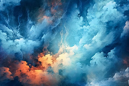 A colorful space scene with blue, red, and yellow clouds. The sky is filled with stars and the clouds are illuminated by the light of the stars. Scene is one of wonder