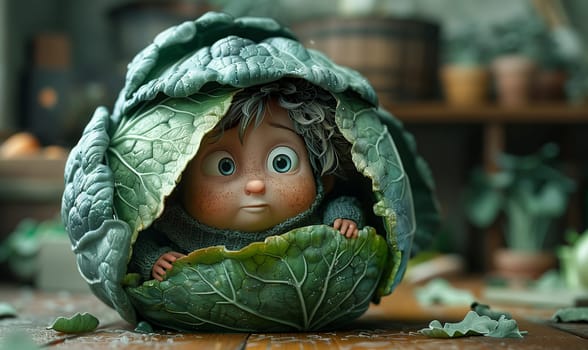 3D cartoon, a child in a head of cabbage. Selective focus.