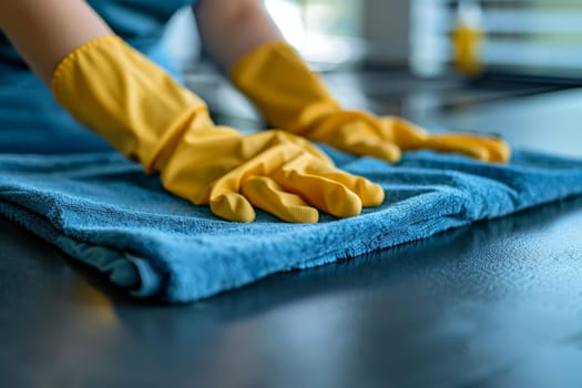 A woman is cleaning a table with a towel. She is wearing an apron and gloves. The table is covered in a white powder