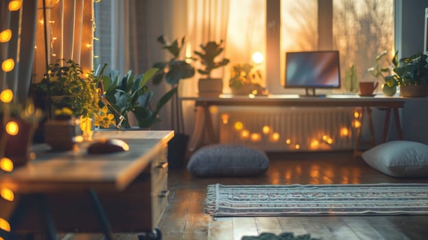 A Serene Home Office with Yoga Mat and Soft Bokeh Lighting for Relaxation and Focus.