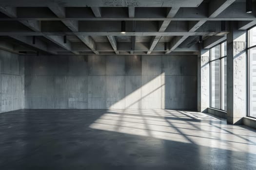 Empty loft room interior design with walls, floor, window and sunlight..