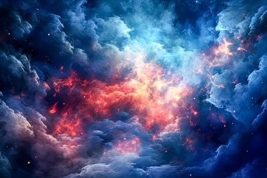 A colorful space scene with blue, red, and yellow clouds. The sky is filled with stars and the clouds are illuminated by the light of the stars. Scene is one of wonder