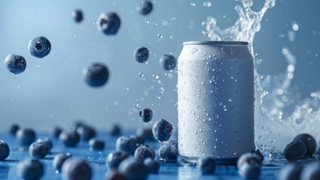 Cold beverage can surrounded by fresh blueberries and water splashes, close-up. Refreshment and summer concept.