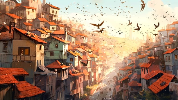 A painting of a city with many buildings and a river. The sky is blue and the sun is shining. There are many birds flying in the sky