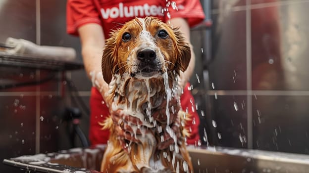 Middle Aged Woman Wearing Volunteer Shirt Washing Dog in Shelter with Big Splashing Concept Animal Care and Community Service.