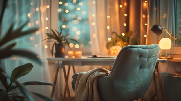 Tranquil Home Office with Muted Tones, Cozy Chair and Warm Bokeh Lights.