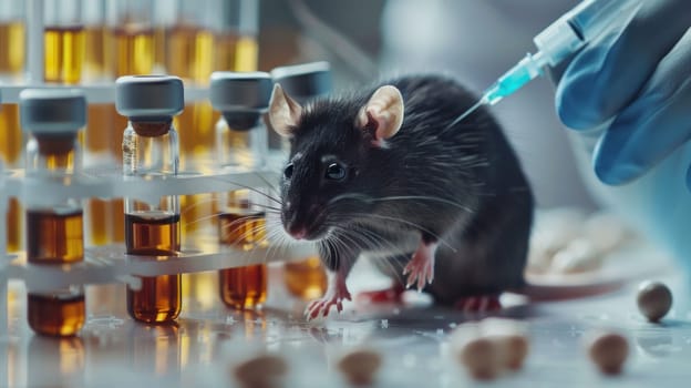 Scientist Conducting Injection Experiment on Black Rat in Professional Laboratory with DNA Helix Diagrams in Background Concept Advanced Genetic Research.