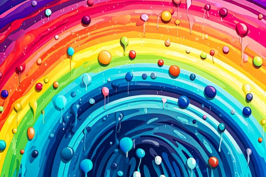 A rainbow with drops of water on it. The drops are of different colors, creating a vibrant and lively atmosphere