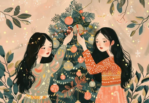 Christmas joy two girls decorating tree with hanging ornaments for festive holiday celebration