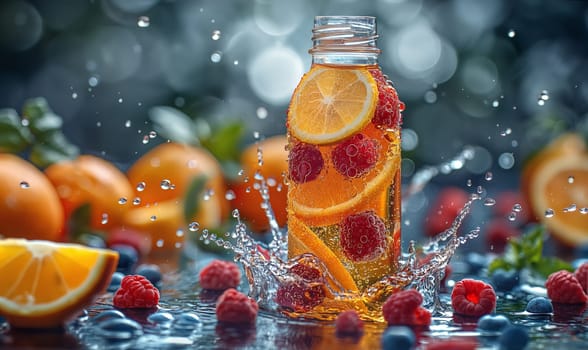 Fresh fruits in a bottle of water. Selective focus.