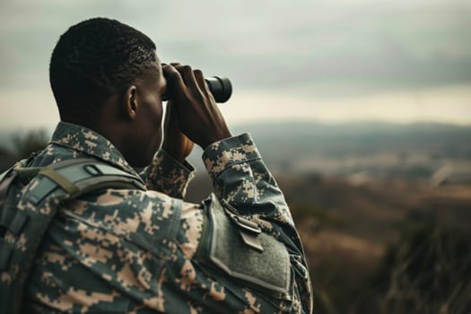 Black Soldier Scanning Horizon with Binoculars in Rural Field..