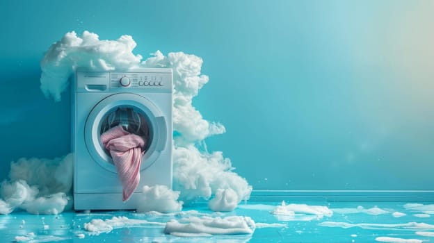 A white washing machine with clothes inside and a blue wall behind it. The clothes are wet and the machine is making a lot of noise