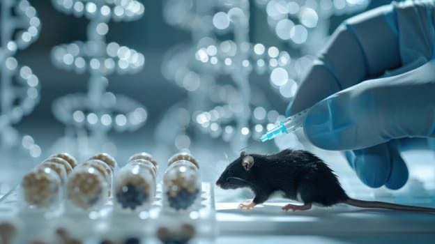 Scientist Conducting Injection Experiment on Black Rat in Professional Laboratory with DNA Helix Diagrams in Background Concept Advanced Genetic Research.