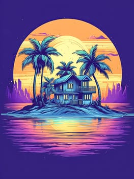 A house is on a small island in the ocean. The house is surrounded by palm trees. The sky is orange and the water is blue