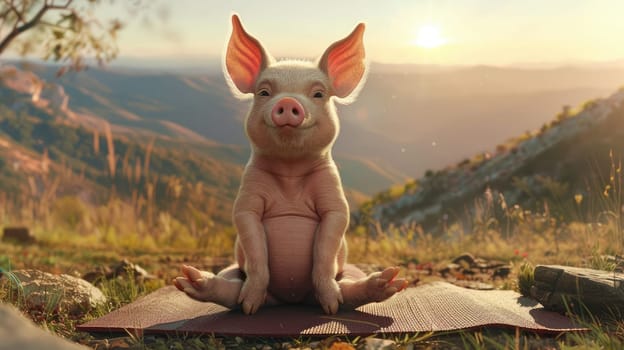 A little pig in a yoga, Adorable pig doing yoga with nature sunset background.