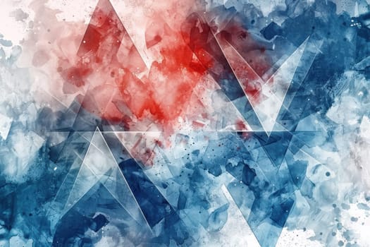 Abstract watercolor background with patriotic theme featuring red, white, and blue triangles and stars