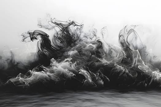 A stunning black and white photograph capturing smoke rising from the waters surface, the wind creating intricate patterns in the sky, a beautiful blend of art and nature