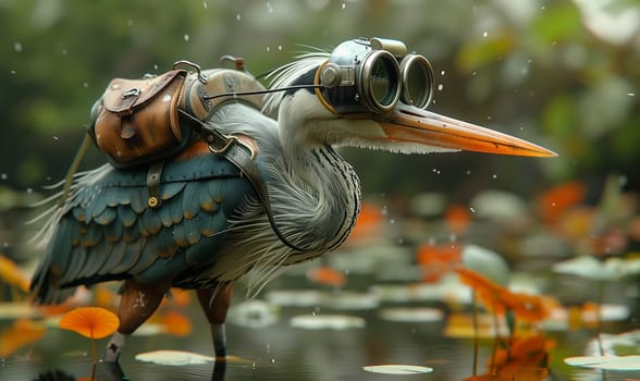 3D cartoon, a heron wearing big glasses walks through a swamp. Selective focus