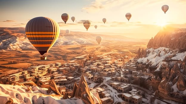 A hot air balloon festival is taking place in a small town. The sky is filled with colorful hot air balloons, creating a vibrant and lively atmosphere. The town is surrounded by mountains