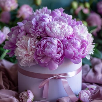A purple box with a ribbon tied around it contains a bouquet of pink peonies. The flowers are arranged in a way that makes them look like they are in a vase
