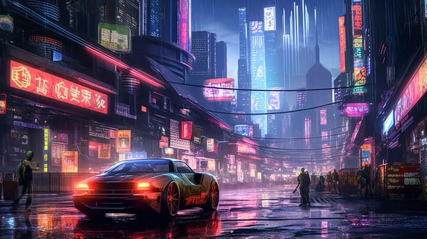 A neon city street with a car and a person walking. Scene is energetic and bustling