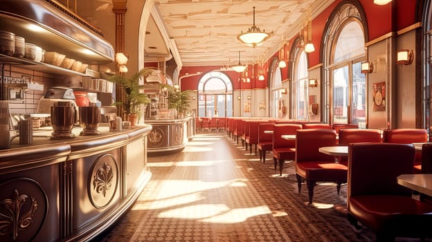 A restaurant with a red and white theme. The interior is decorated with red chairs and tables. The dining area is filled with potted plants and a few potted plants