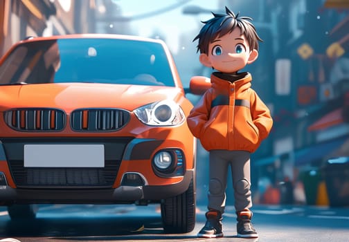 A boy stands in front of a car by AI generated image.