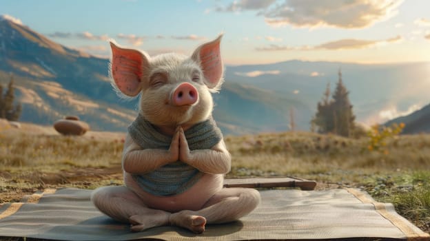 A little pig in a yoga, Adorable pig doing yoga with nature sunset background.