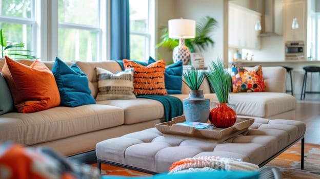 Modern Living Room with Muted Color Furniture and Decor Concept Vibrant Centerpiece on Coffee Table as Focal Point.