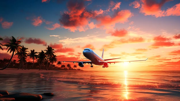 A large jetliner is sitting on the runway at sunset. The sky is filled with clouds, creating a moody atmosphere. The reflection of the plane in the water adds to the serene and peaceful setting