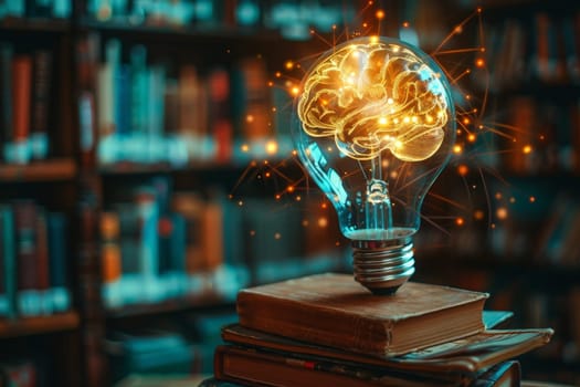 a glowing brain shaped like a light bulb, placed on top of a stack of books.