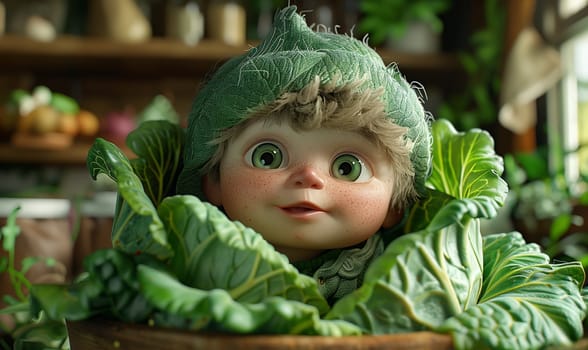 3D cartoon, a child in a head of cabbage. Selective focus.