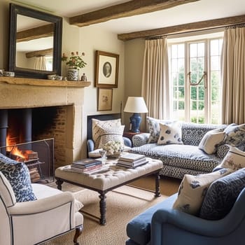 Cottage interior with modern design and antique furniture, home decor, sitting room and living room, sofa and fireplace in English country house and countryside style interiors