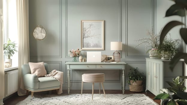 Stylish Workspace with Muted Color Scheme Concept Pale Green Desk Light Gray Walls and Delicate Pink Accents for Calm Balanced Aesthetic.