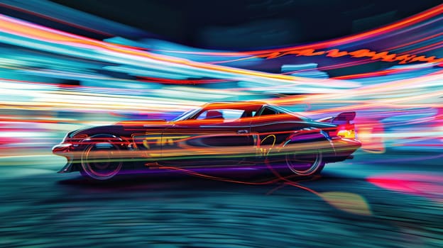 A car is speeding down a road with a blurred background.