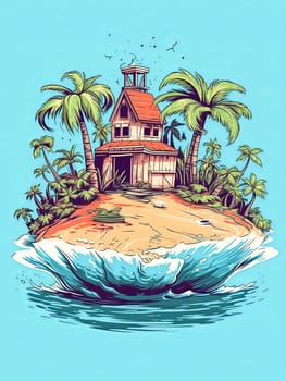 A house is on a small island in the ocean. The house is surrounded by palm trees. The sky is orange and the water is blue