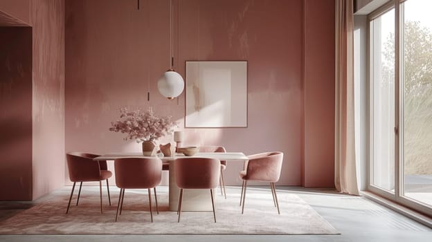 Elegant Dining Area with Muted Color Palette Concept Soft Gray Table Dusty Rose Chairs and Subtle Decor Elements in Complementary Hues for Visual Harmony.