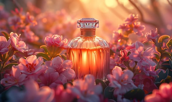 Elegant perfume bottle among flowers in retro style. Selective focus.