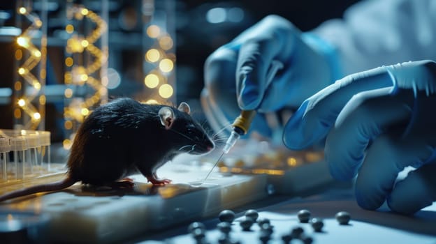Scientist Conducting Injection Experiment on Black Rat in Professional Laboratory with DNA Helix Diagrams in Background Concept Advanced Genetic Research.