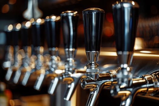 Closeup of beer tap handles lines in a bar against a dark background.