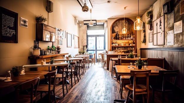 A restaurant with a lot of tables and chairs. The tables are empty and the chairs are arranged around them. The restaurant has a cozy atmosphere with a lot of natural light coming in from the windows