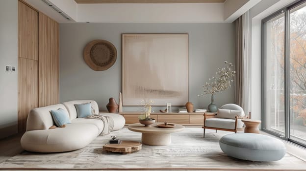 Serene Living Room with Muted Color Palette Concept Featuring Soft Beige and Pastel Blue Furniture Minimalist Decor for Harmonious Cohesive Look.