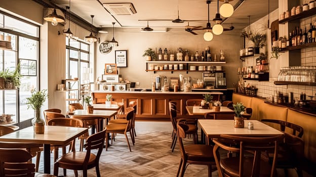 A restaurant with a lot of tables and chairs. The tables are empty and the chairs are arranged around them. The restaurant has a cozy atmosphere with a lot of natural light coming in from the windows