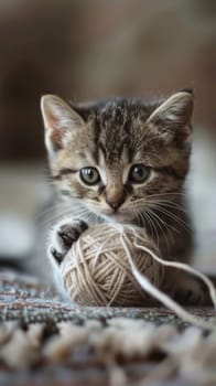 Cute tabby kitten playing with yarn ball, close-up. Adorable pet and playful moments concept.